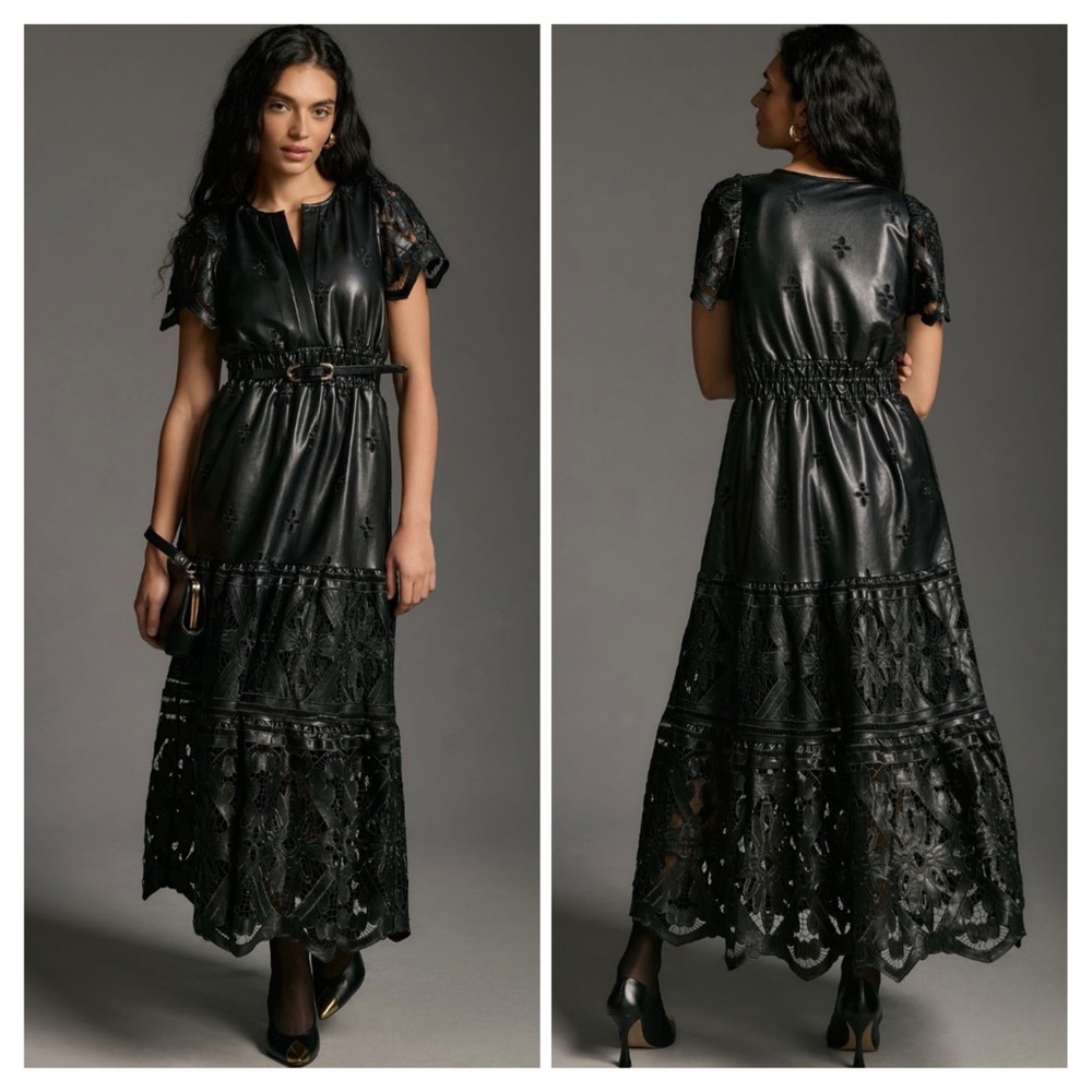 Anthropologie The Somerset Maxi Dress Faux Leather Embroidered Edition Small EUC